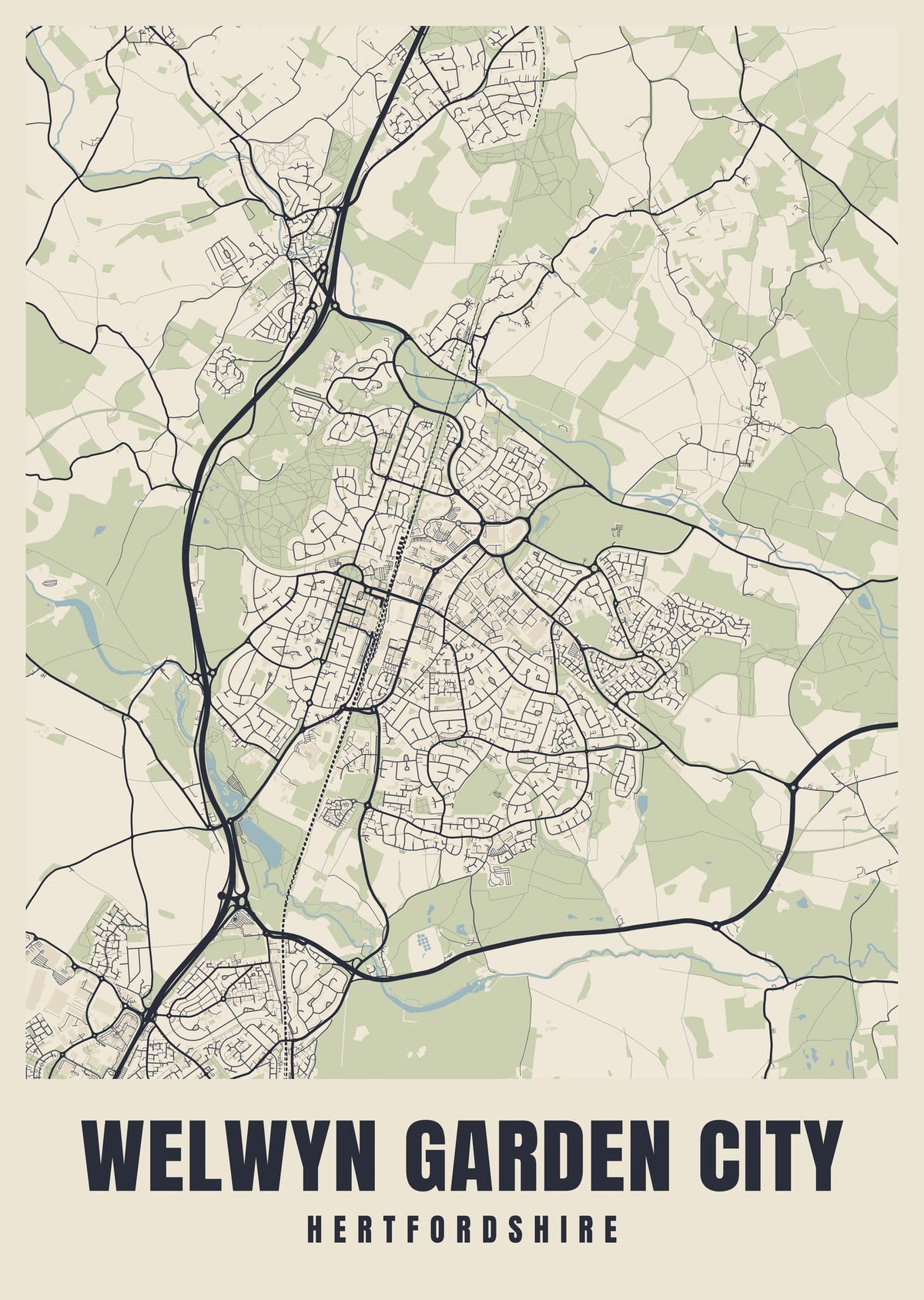 Street map poster of Welwyn Garden City, Hertfordshire