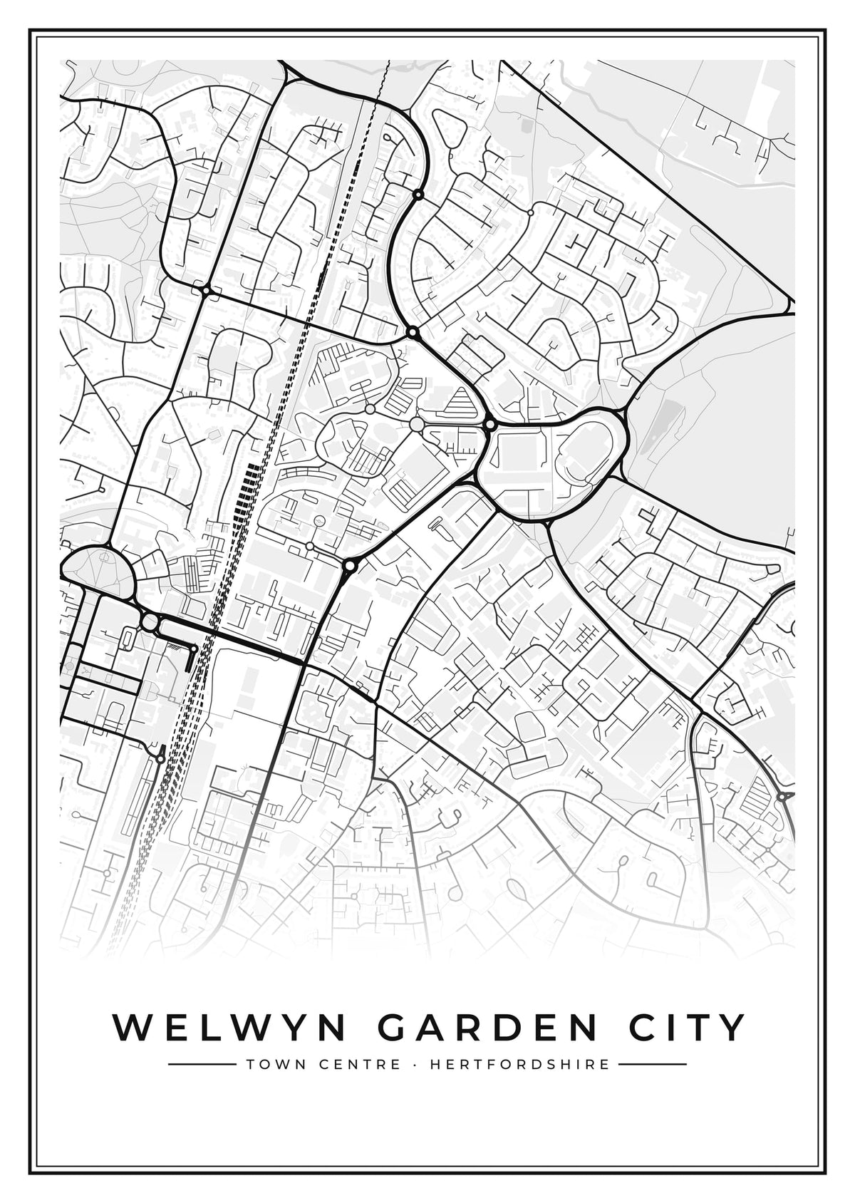 Street map poster of Welwyn Garden City town centre, Hertfordshire