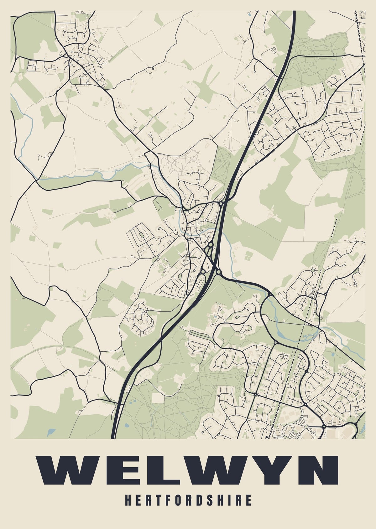 Street map poster of Welwyn, Hertfordshire