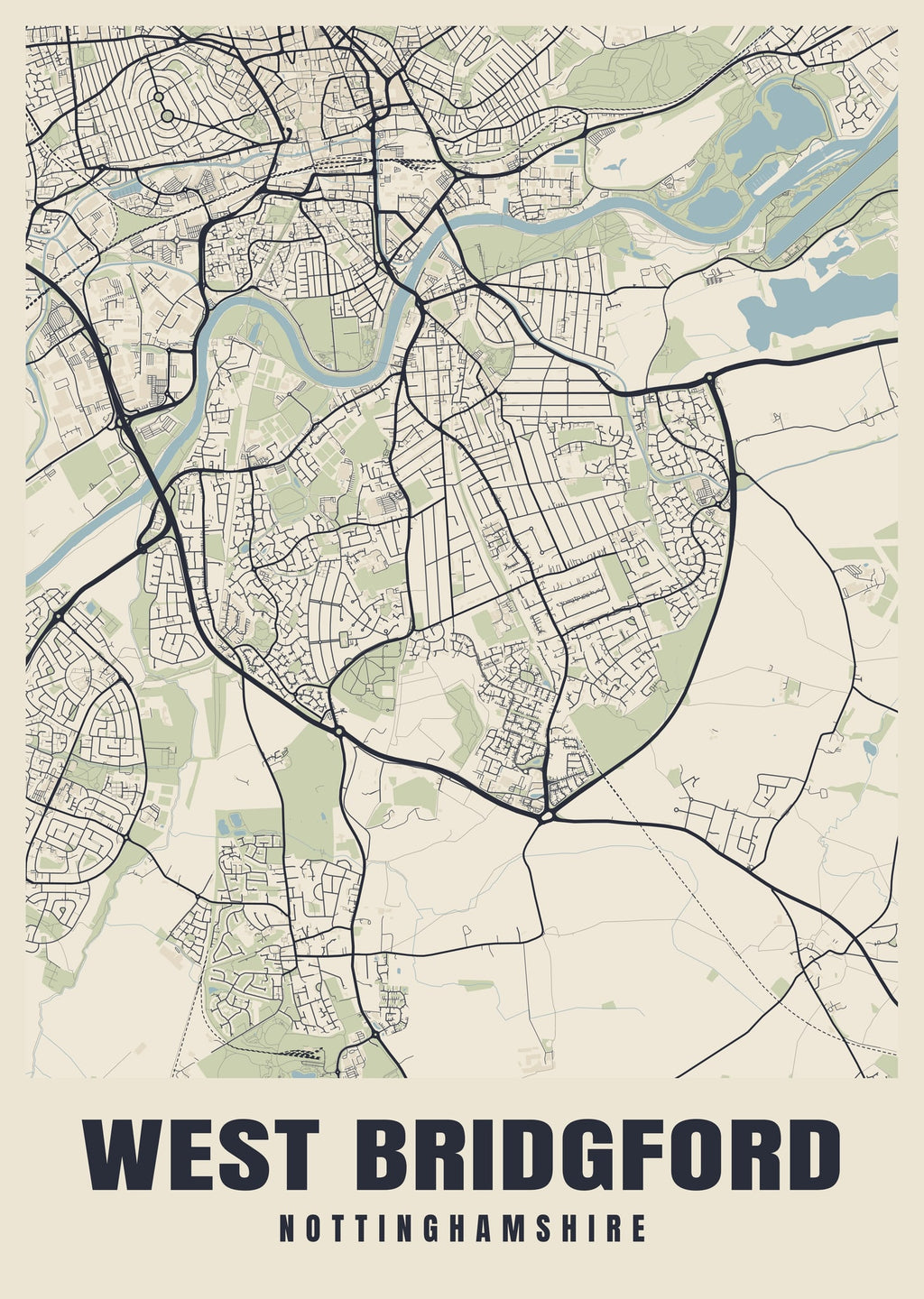 Street map poster of West Bridgford, Nottinghamshire
