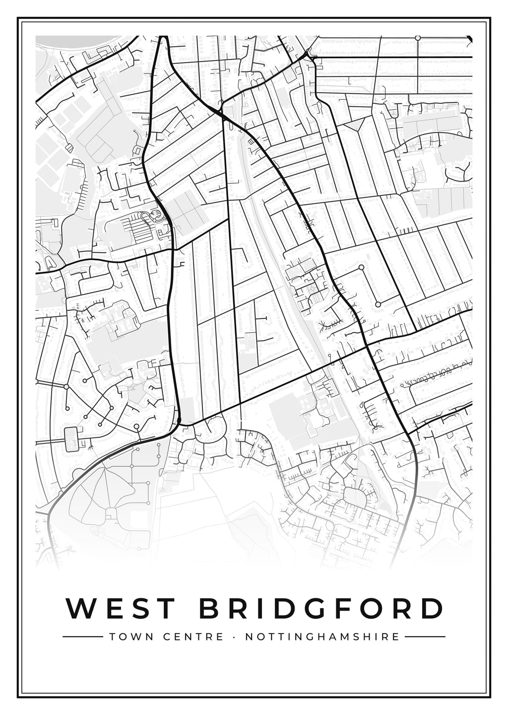Street map poster of West Bridgford town centre, Nottinghamshire