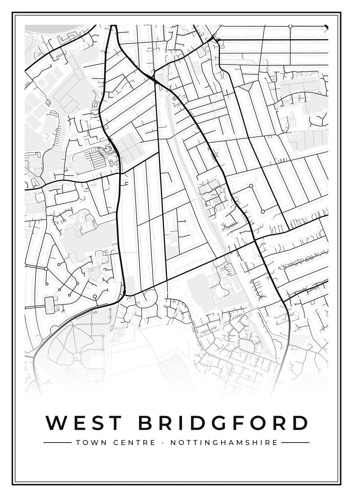 Street map poster of West Bridgford town centre, Nottinghamshire
