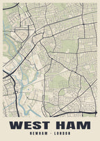 Heritage street map poster of West Ham, Newham, London