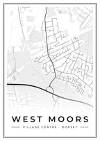 Street map poster of West Moors village centre, Dorset