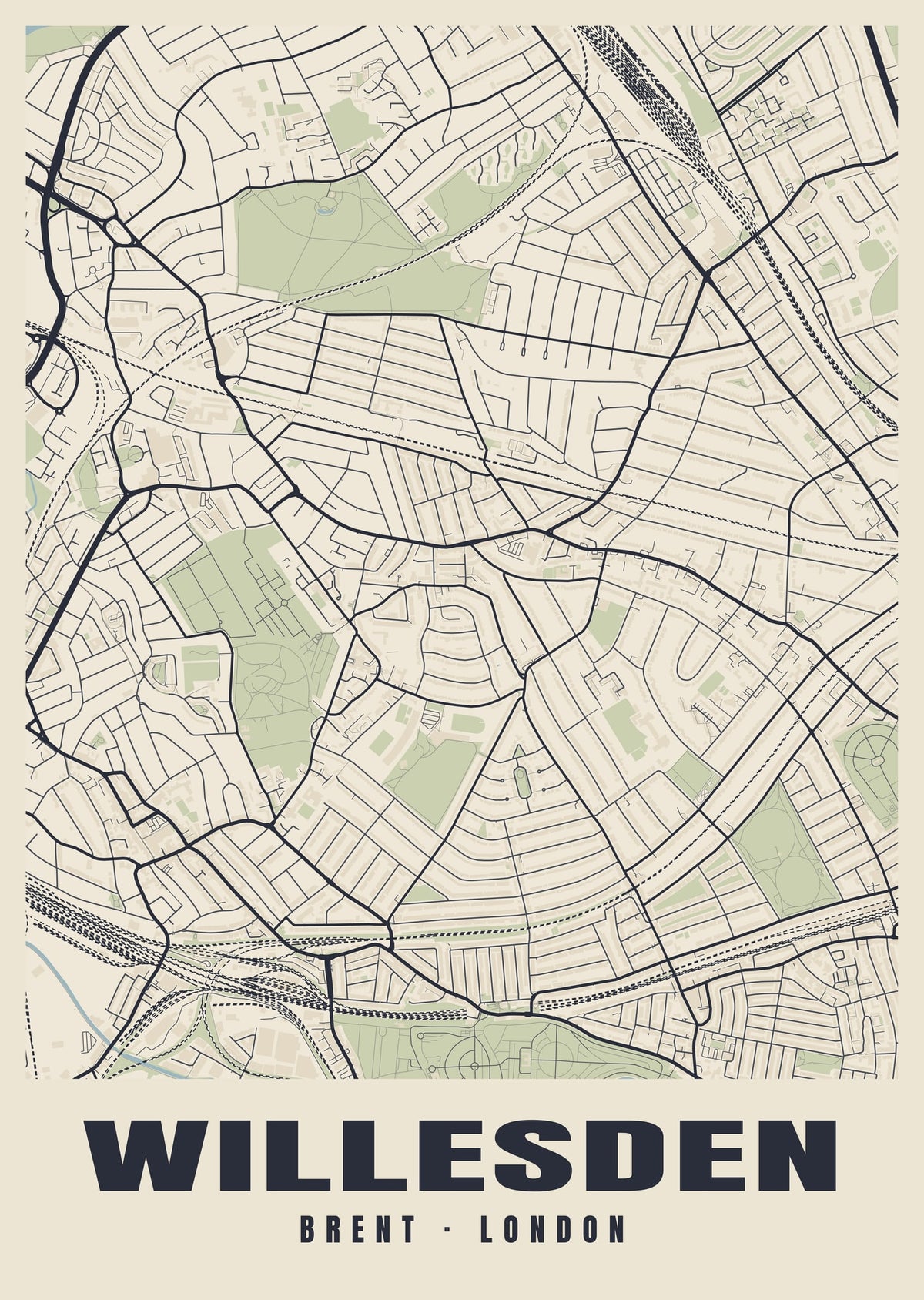 Heritage street map poster of Willesden, Brent, London