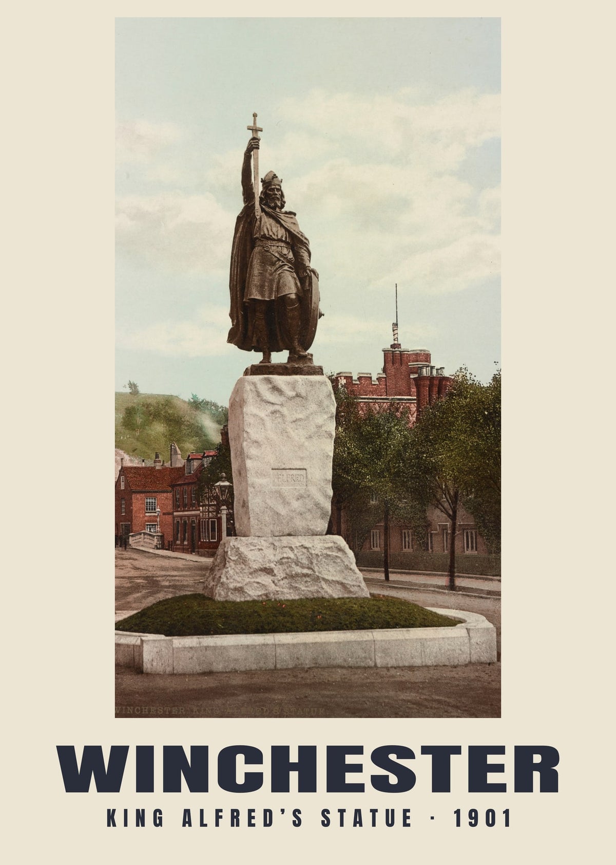 King Alfred’s Statue, Winchester — Vintage photochrom print, 1901