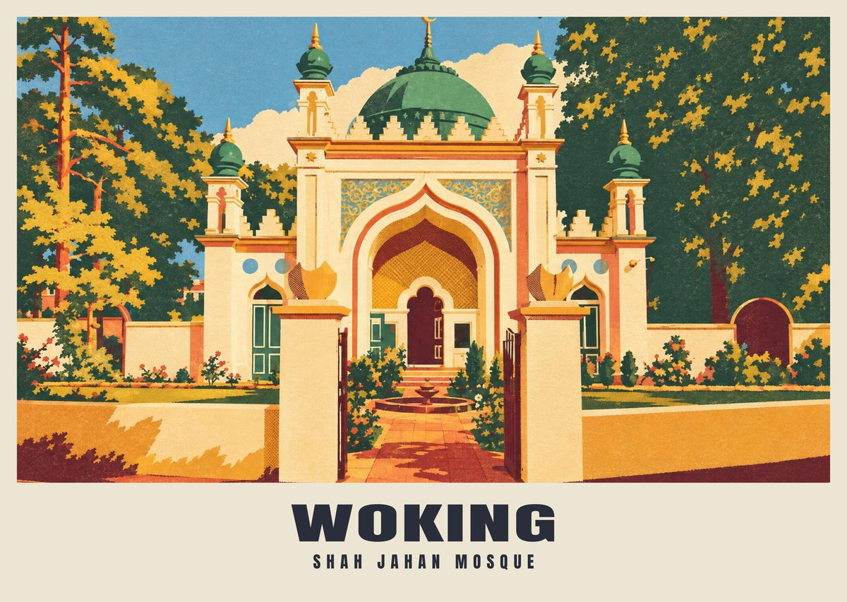 Shah Jahan Mosque, Woking poster, Retro Railway style