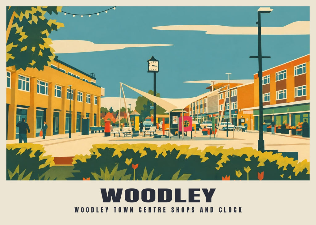 Woodley town centre shops and clock poster, Mid-Century style
