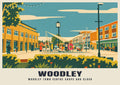 Woodley town centre shops and clock poster, Mid-Century style