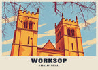 Worksop Priory poster, Retro Railway style