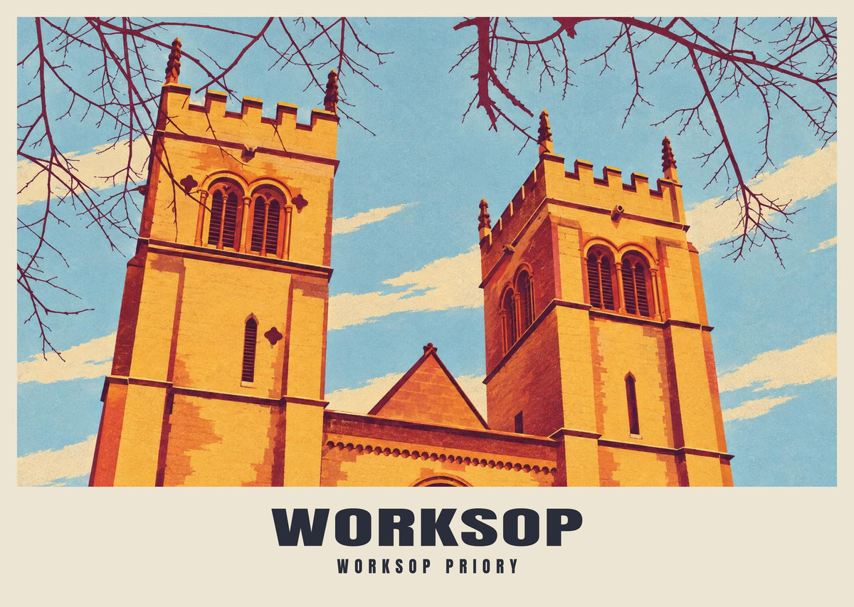 Worksop Priory poster, Retro Railway style