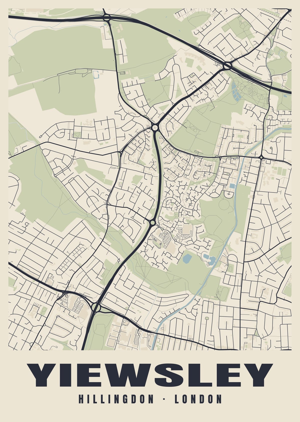 Heritage street map poster of Yiewsley, Hillingdon, London