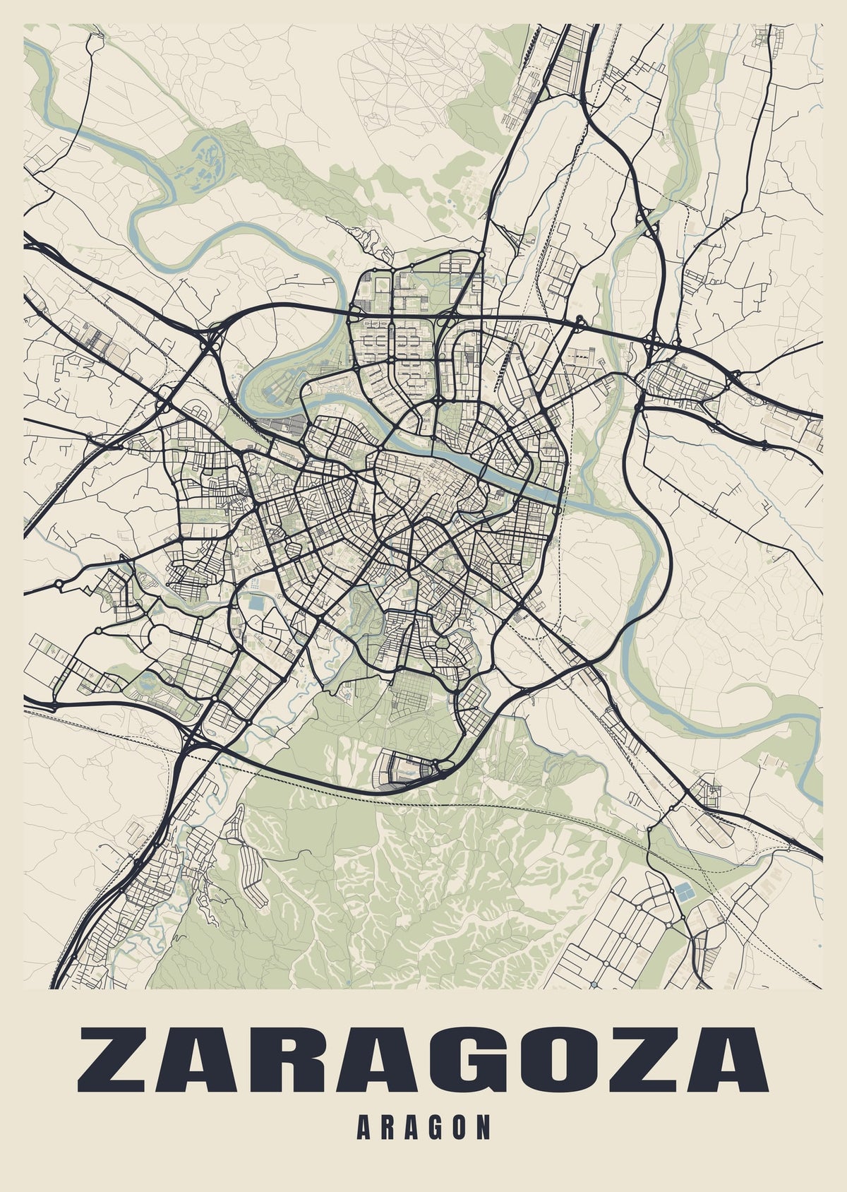 Street map poster of Zaragoza, Aragon