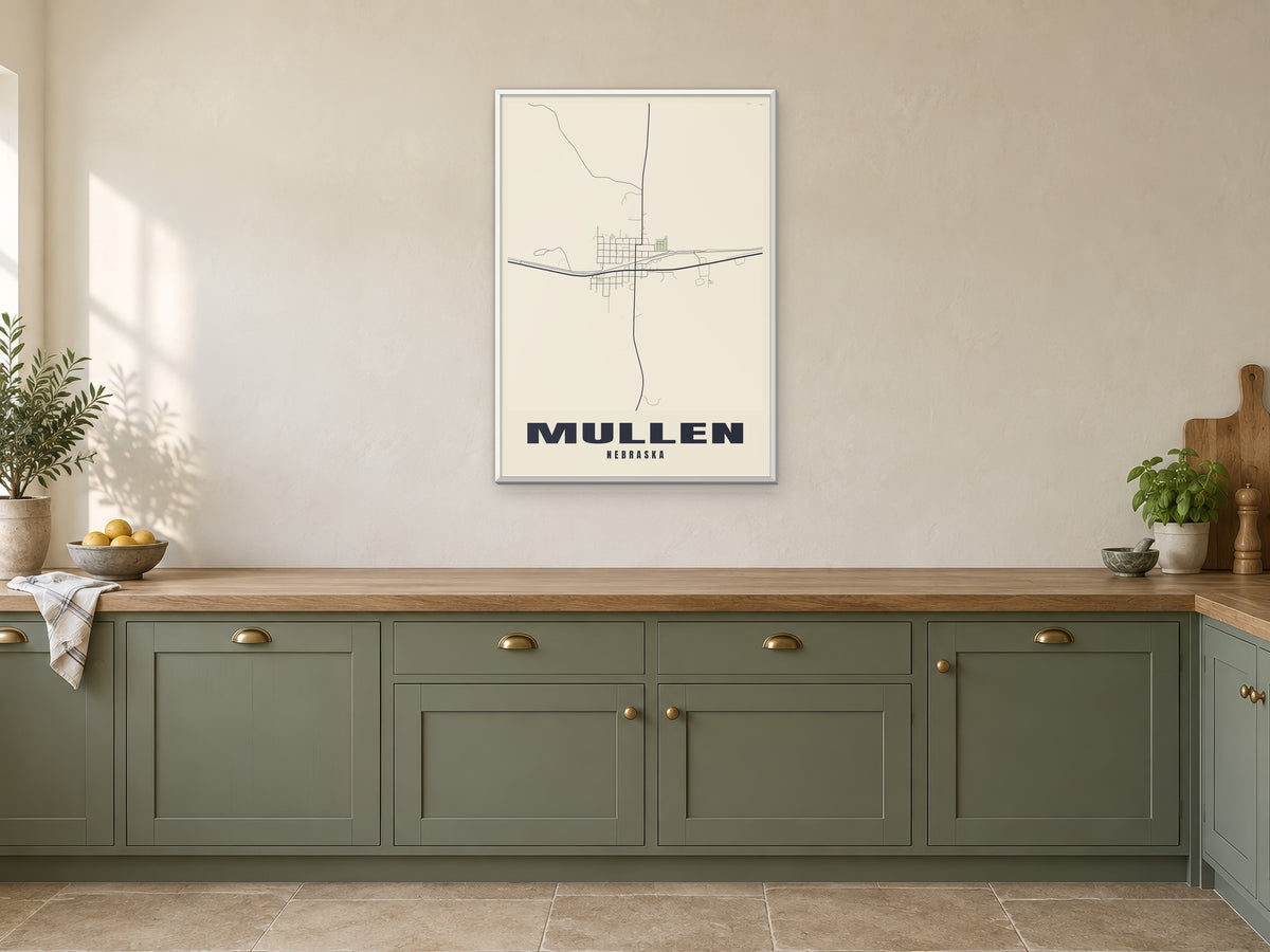 Mullen Street Map Poster at A1, in a white frame, in a kitchen