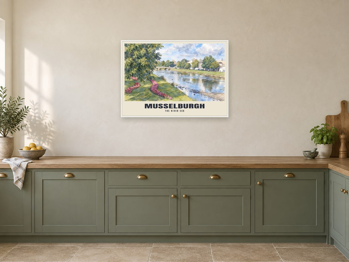 The River Esk, Musselburgh Poster at A1, in a white frame, in a kitchen