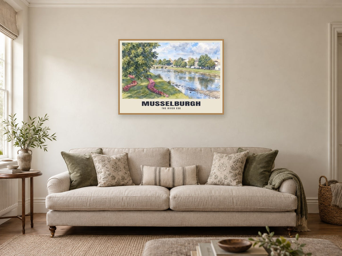 The River Esk, Musselburgh Poster at A1, in a natural wood frame, in a sitting room