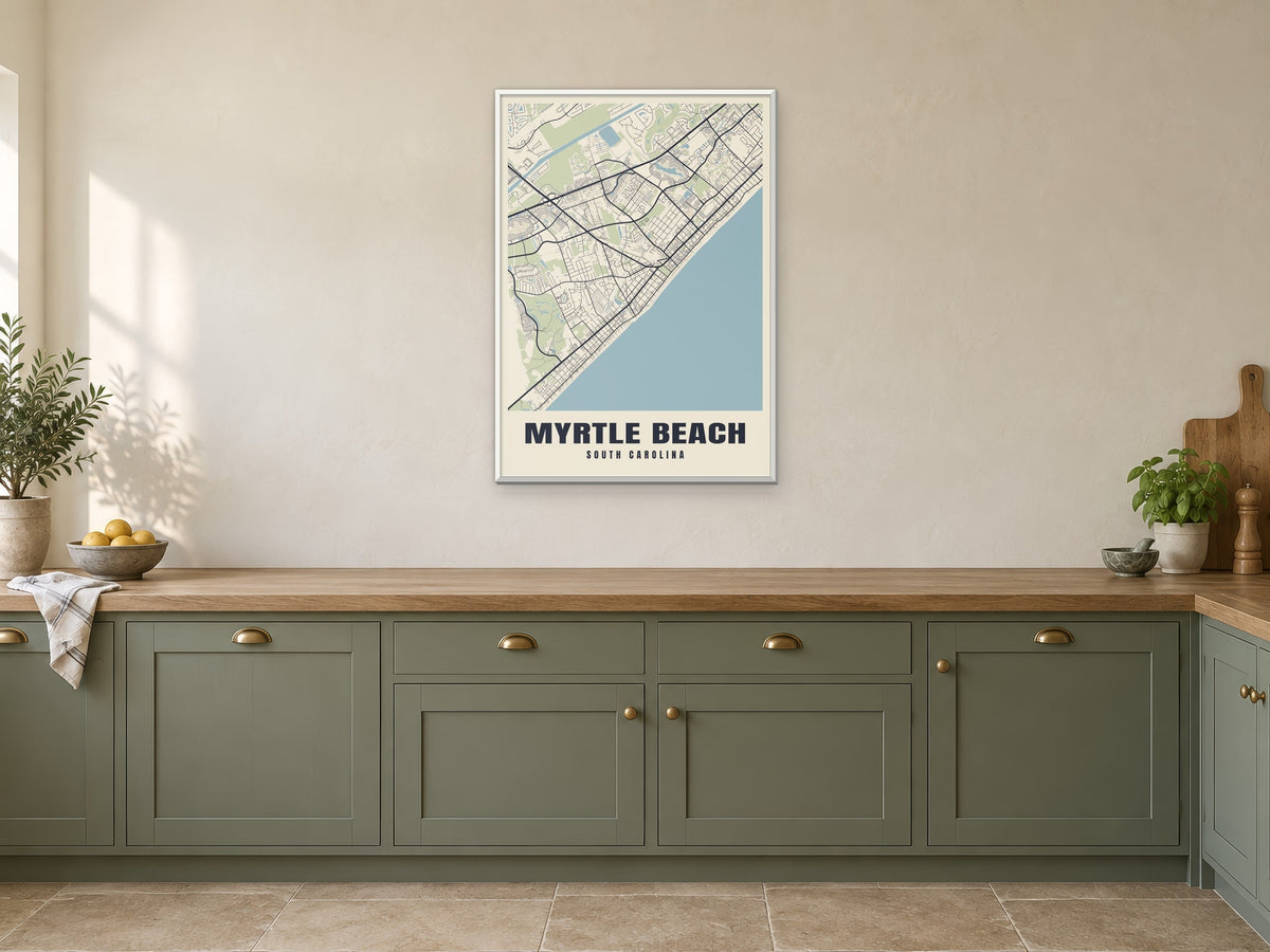 Myrtle Beach Street Map Poster at A1, in a white frame, in a kitchen