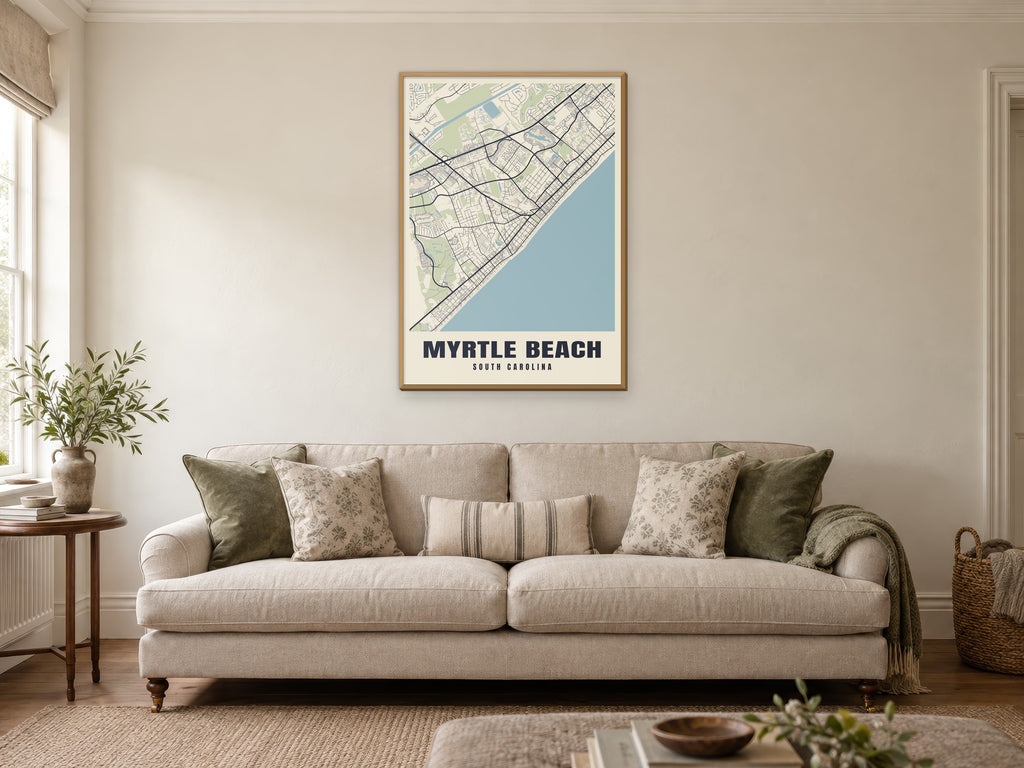 Myrtle Beach Street Map Poster at A1, in a natural wood frame, in a sitting room