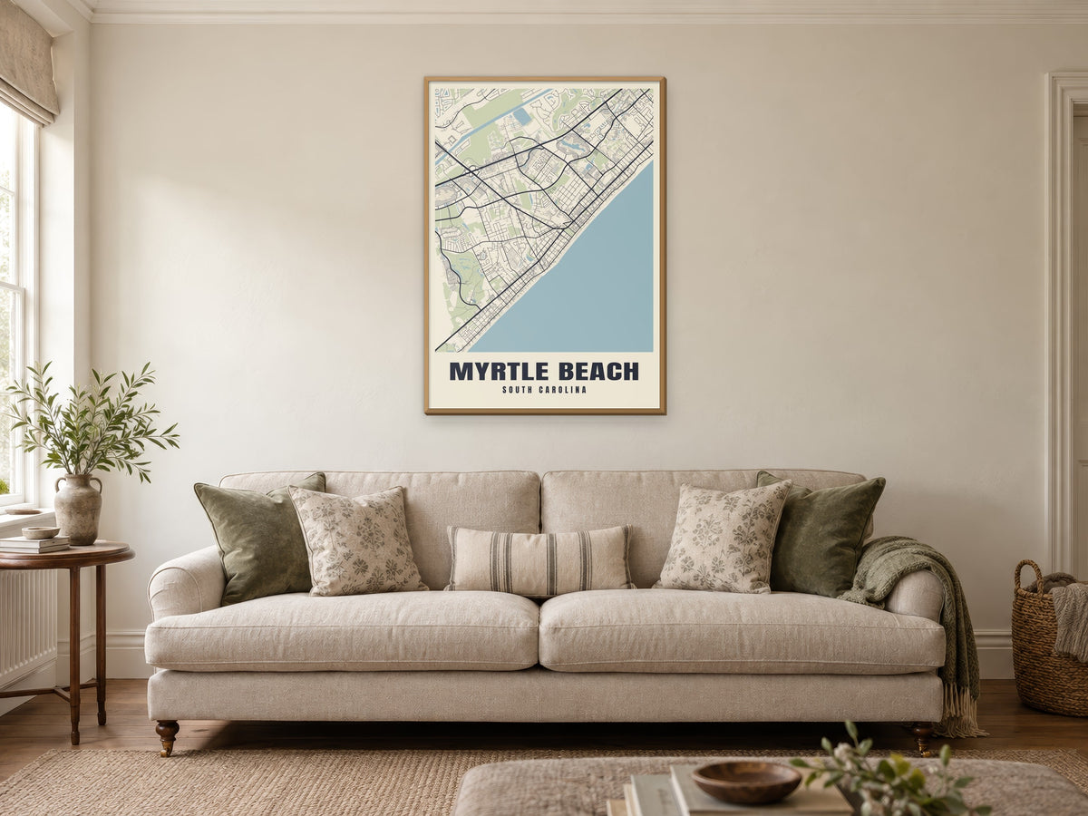 Myrtle Beach Street Map Poster at A1, in a natural wood frame, in a sitting room