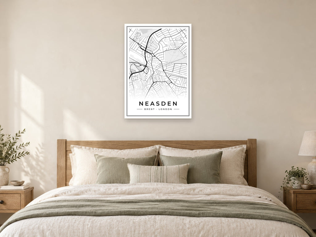 Neasden Street Map Poster at A1, as a poster, above a bed
