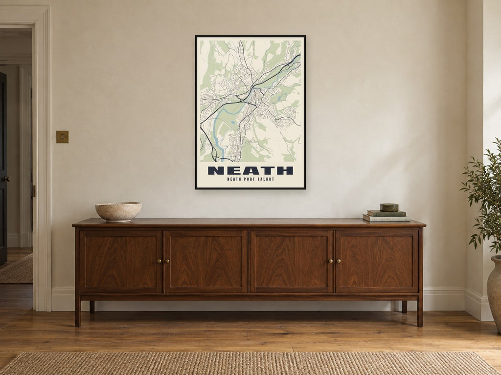 Neath Street Map Poster at A1, in a black frame, above a sideboard