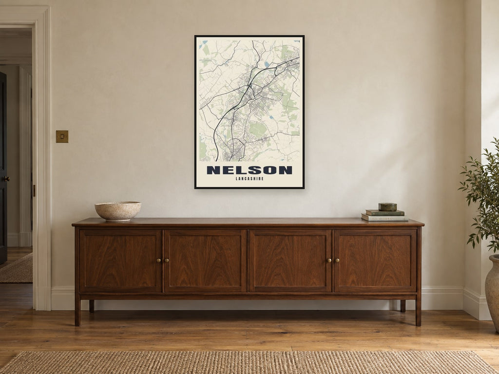 Nelson Street Map Poster at A1, in a black frame, above a sideboard
