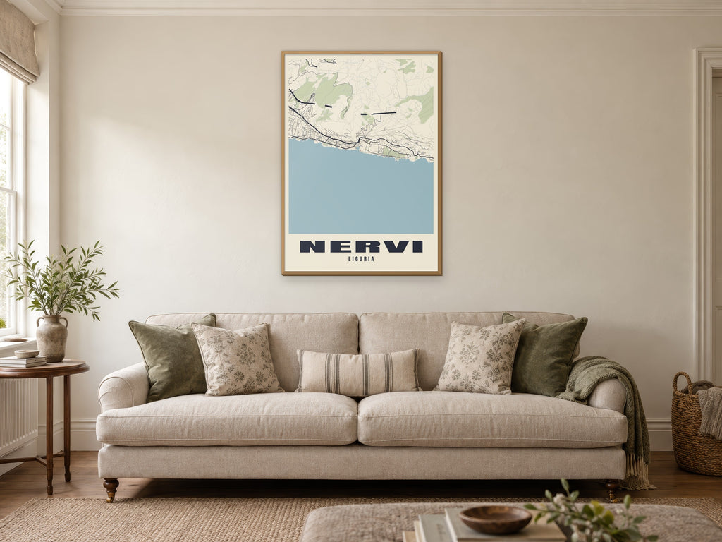 Nervi Street Map Poster at A1, in a natural wood frame, in a sitting room