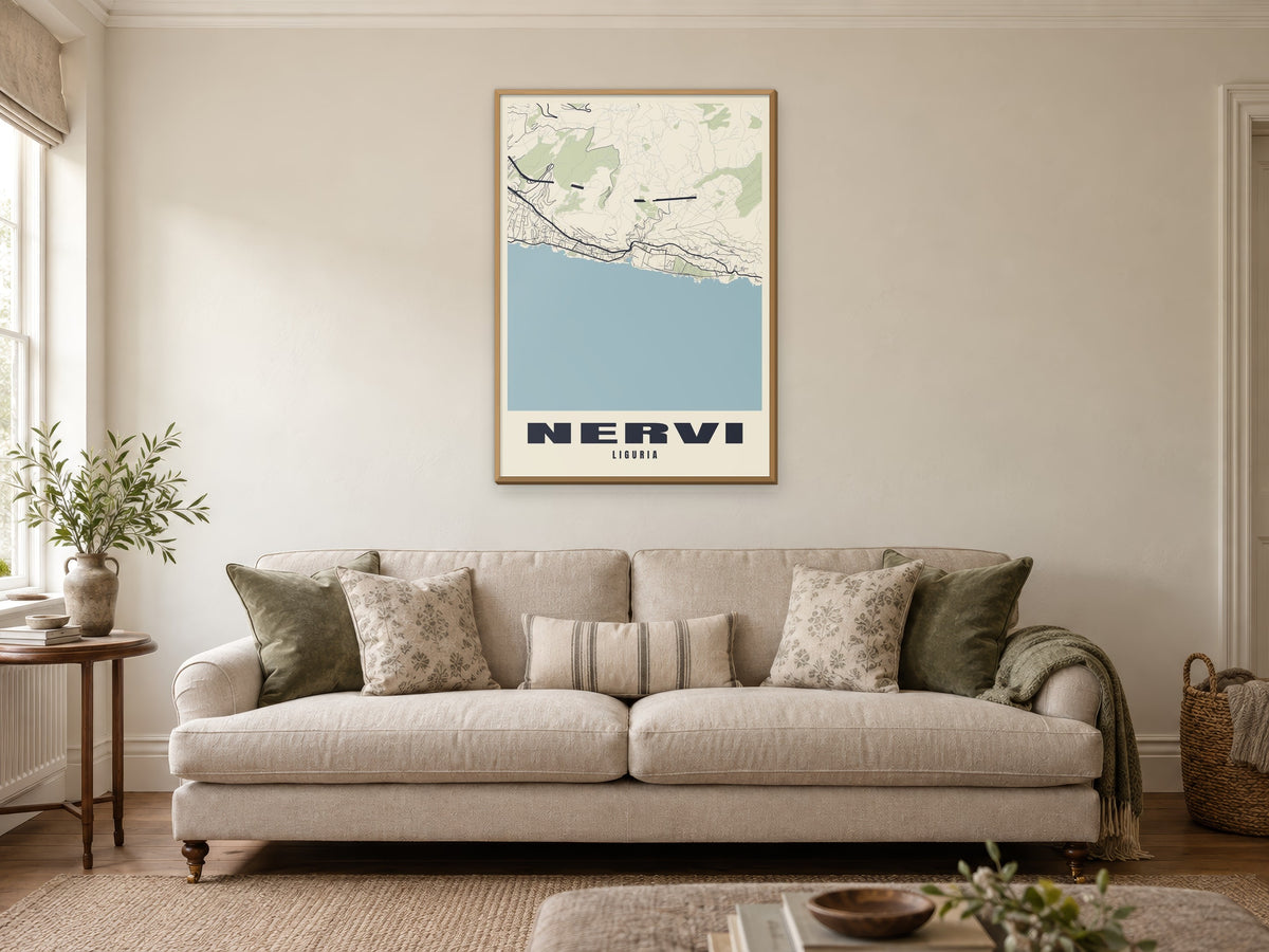Nervi Street Map Poster at A1, in a natural wood frame, in a sitting room