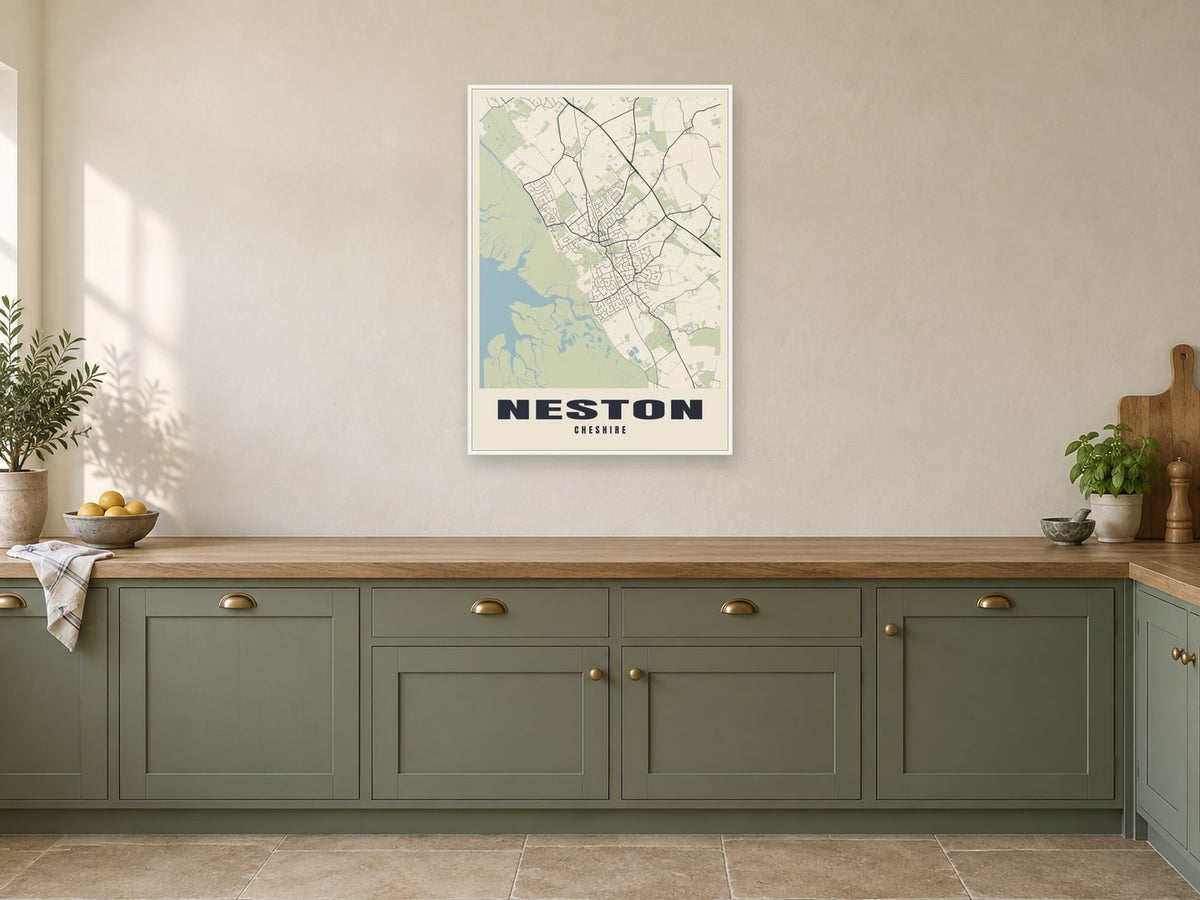 Neston Street Map Poster at A1, in a white frame, in a kitchen