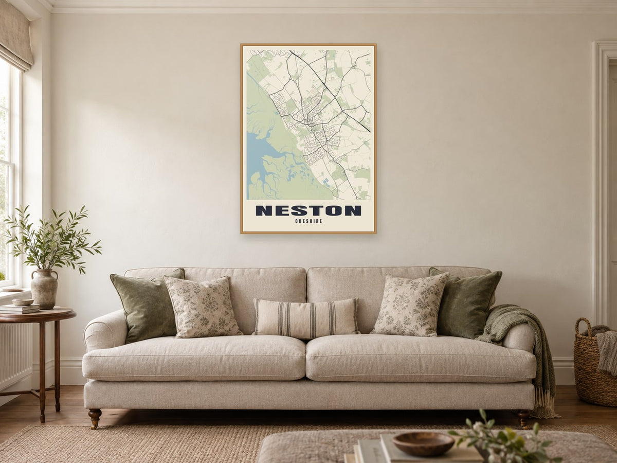 Neston Street Map Poster at A1, in a natural wood frame, in a sitting room