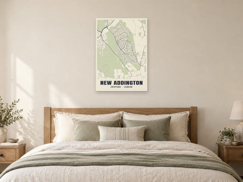 New Addington Heritage Street Map Poster at A1, as a poster, above a bed