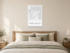New Castle Downtown Street Map Poster at A1, as a poster, above a bed