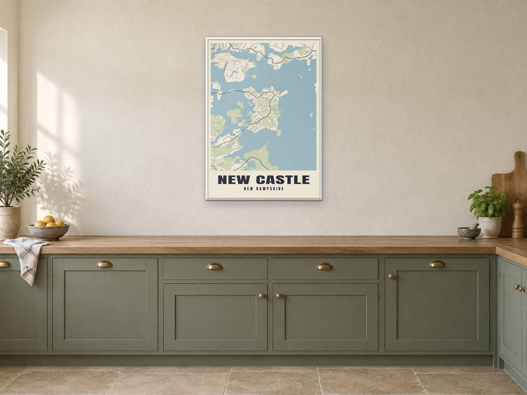New Castle Street Map Poster at A1, in a white frame, in a kitchen