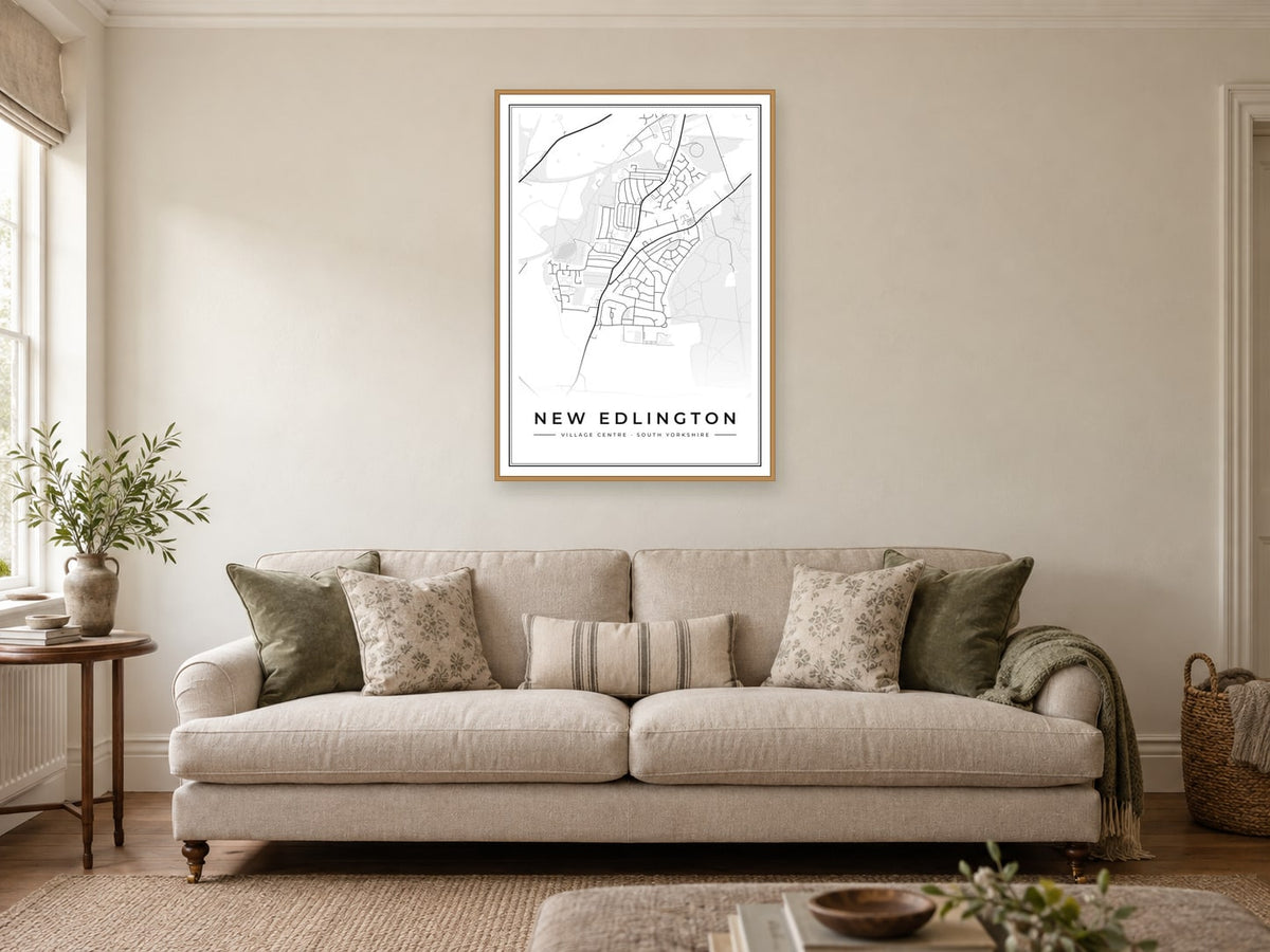 New Edlington Village Centre Street Map Poster at A1, in a natural wood frame, in a sitting room
