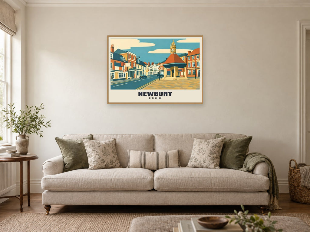 Newbury Clock Tower Poster at A1, in a natural wood frame, in a sitting room