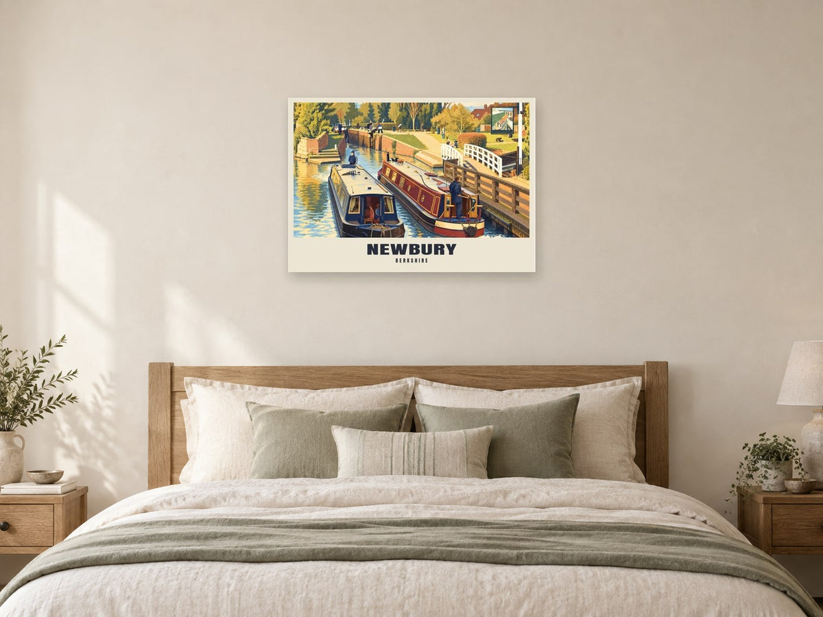 Newbury Lock Poster at A1, as a poster, above a bed