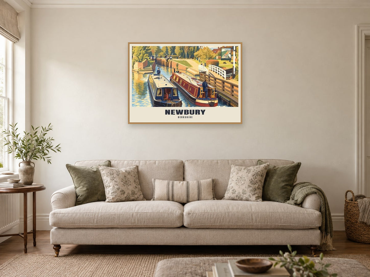 Newbury Lock Poster at A1, in a natural wood frame, in a sitting room