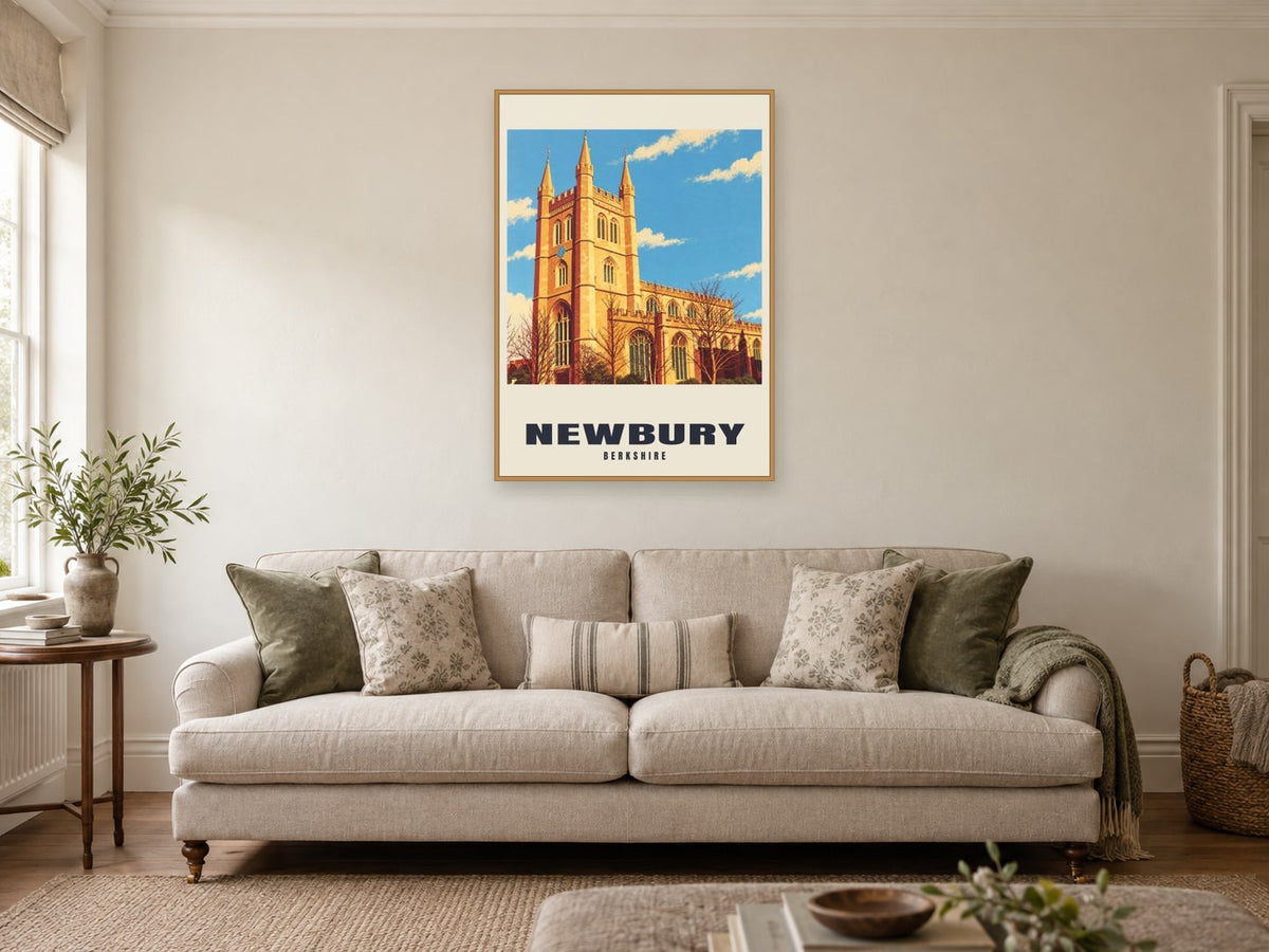 Newbury Poster — St Nicolas' Church at A1, in a natural wood frame, in a sitting room