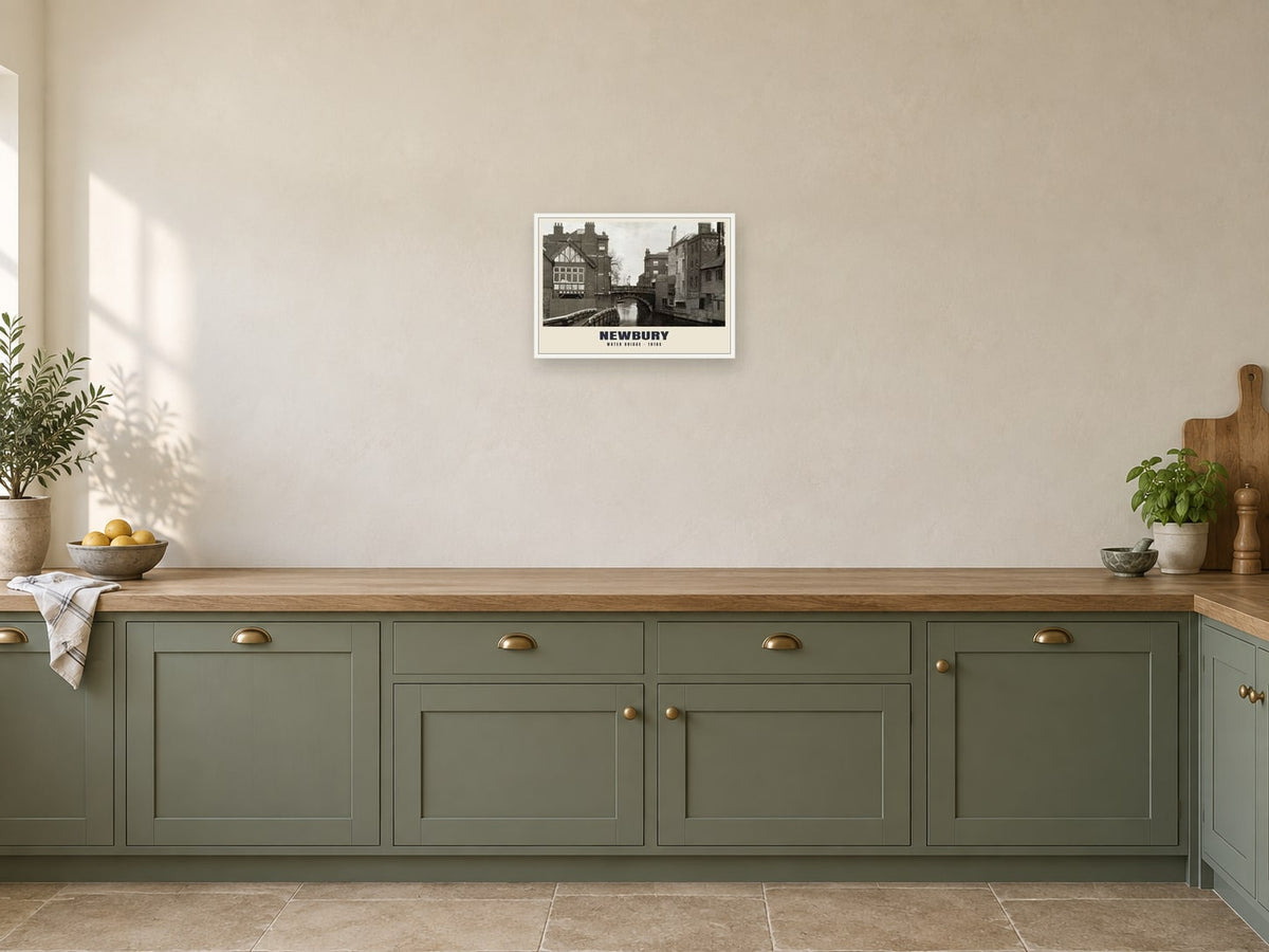 Water Bridge, Newbury Poster at A3, in a white frame, in a kitchen
