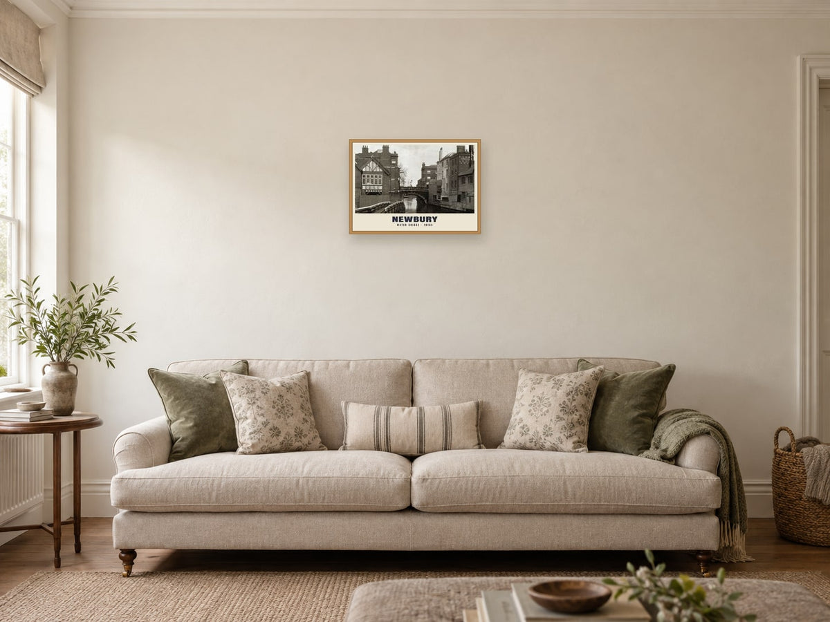 Water Bridge, Newbury Poster at A3, in a natural wood frame, in a sitting room