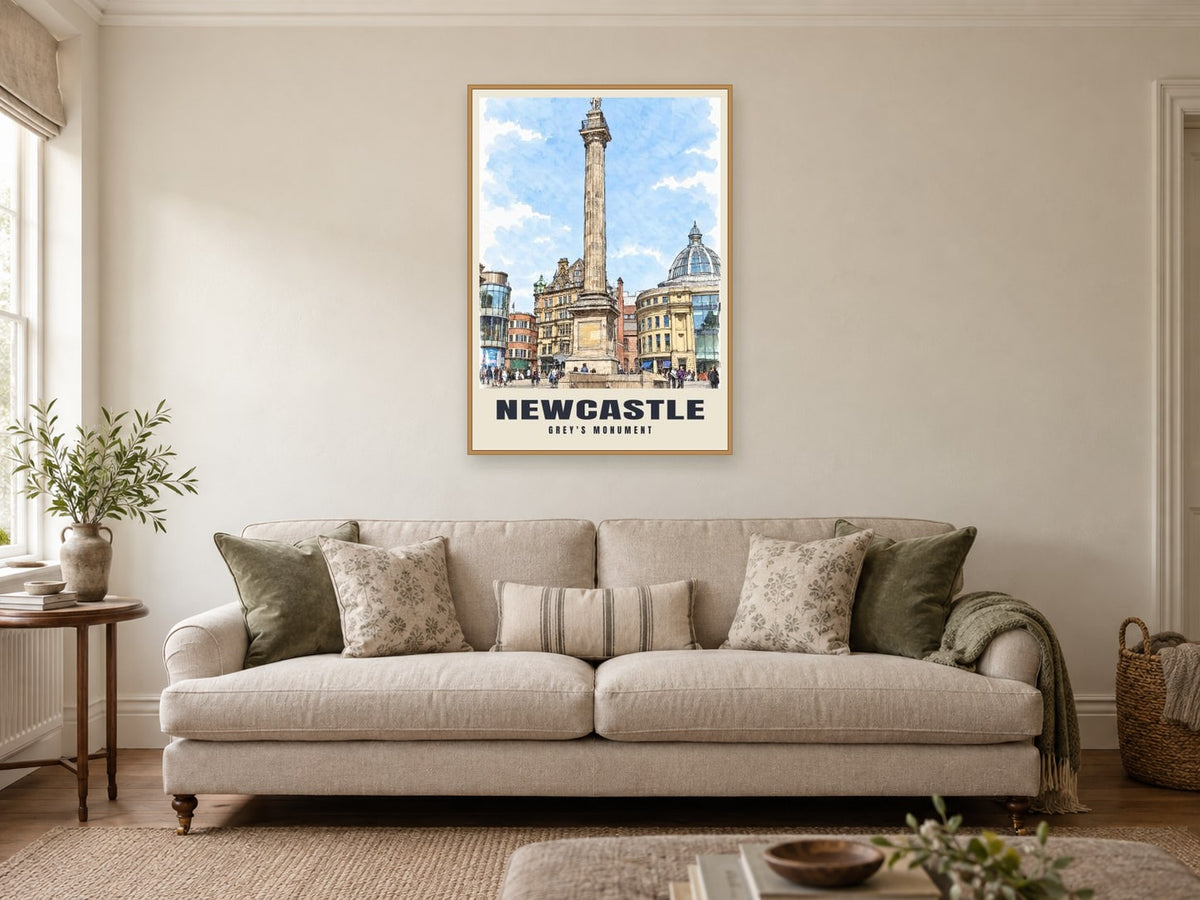 Grey's Monument, Newcastle Poster at A1, in a natural wood frame, in a sitting room