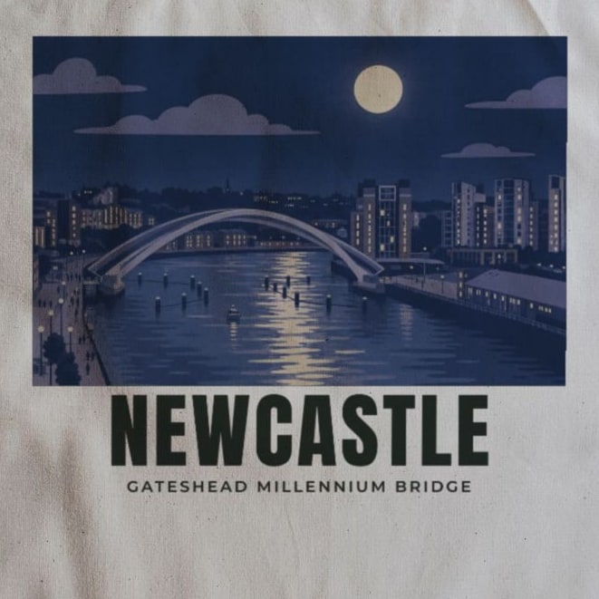 Close-up of the Gateshead Millennium Bridge, Newcastle drawing and lettering printed on natural cotton