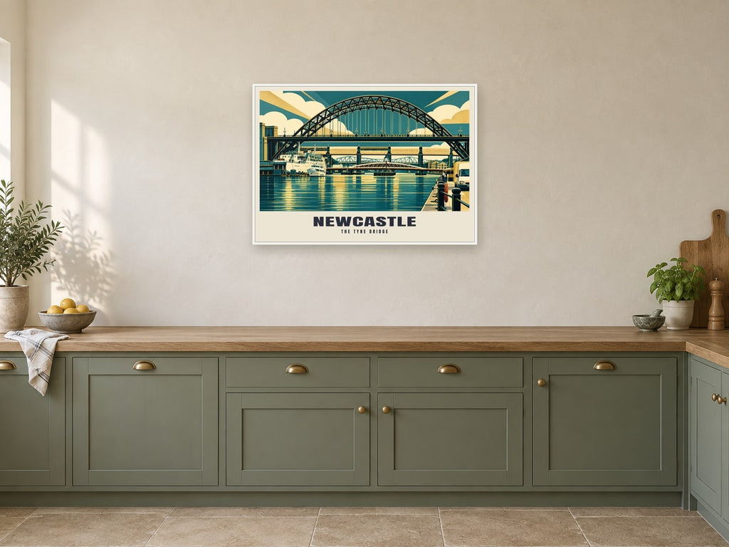 The Tyne Bridge, Newcastle Poster at A1, in a white frame, in a kitchen