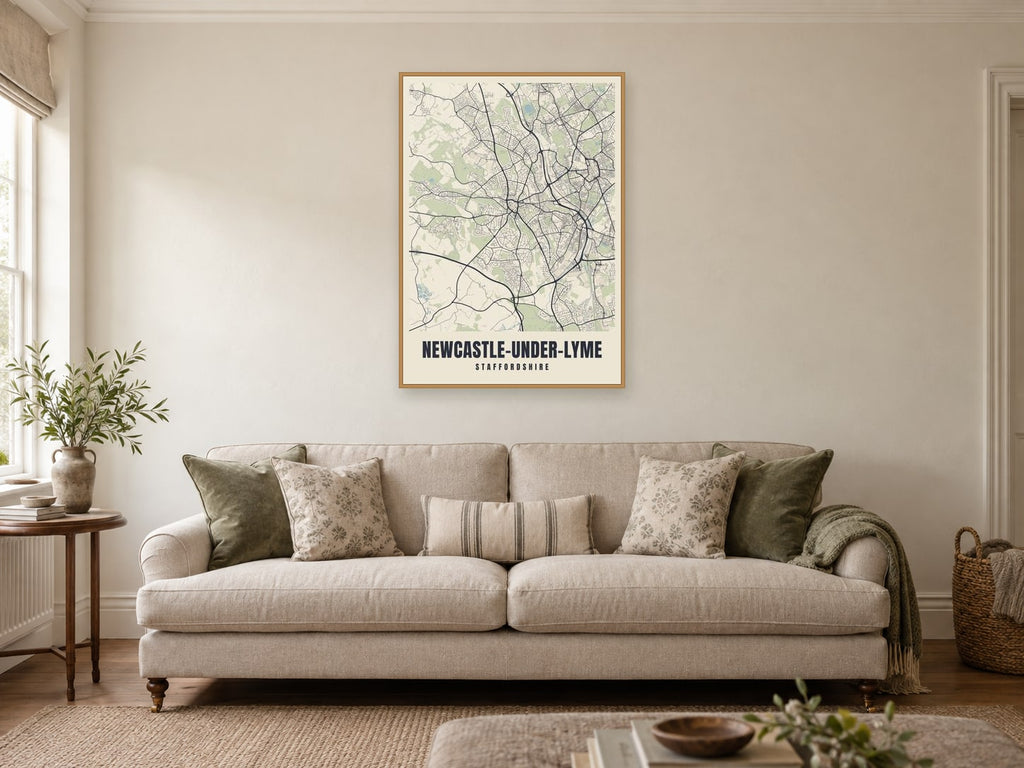 Newcastle-under-Lyme Street Map Poster at A1, in a natural wood frame, in a sitting room