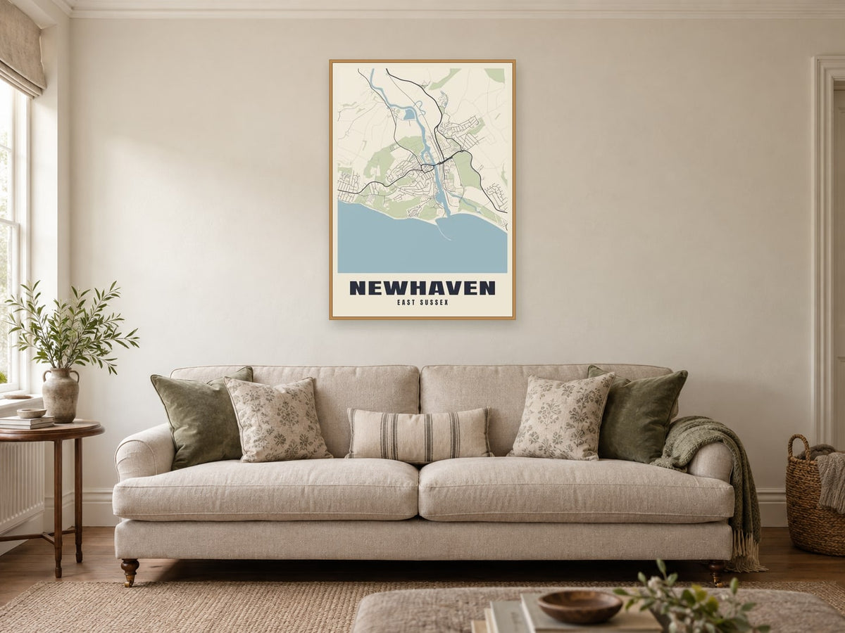Newhaven Street Map Poster at A1, in a natural wood frame, in a sitting room