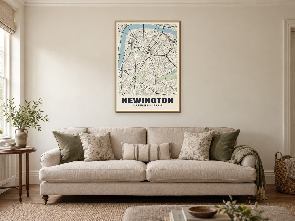 Newington Heritage Street Map Poster at A1, in a natural wood frame, in a sitting room