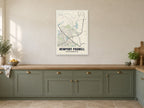 Newport Pagnell Street Map Poster at A1, in a white frame, in a kitchen