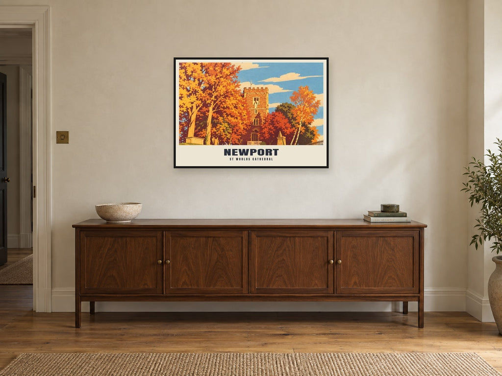 St Woolos Cathedral, Newport Poster at A1, in a black frame, above a sideboard
