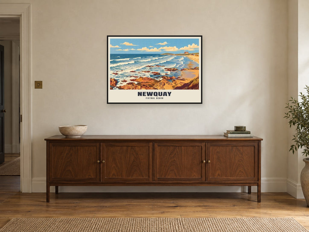 Fistral Beach, Newquay Poster at A1, in a black frame, above a sideboard
