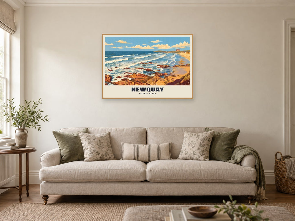 Fistral Beach, Newquay Poster at A1, in a natural wood frame, in a sitting room